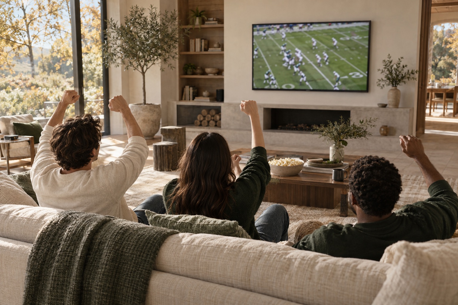Friends making time to watch football together on a sunlit Sunday